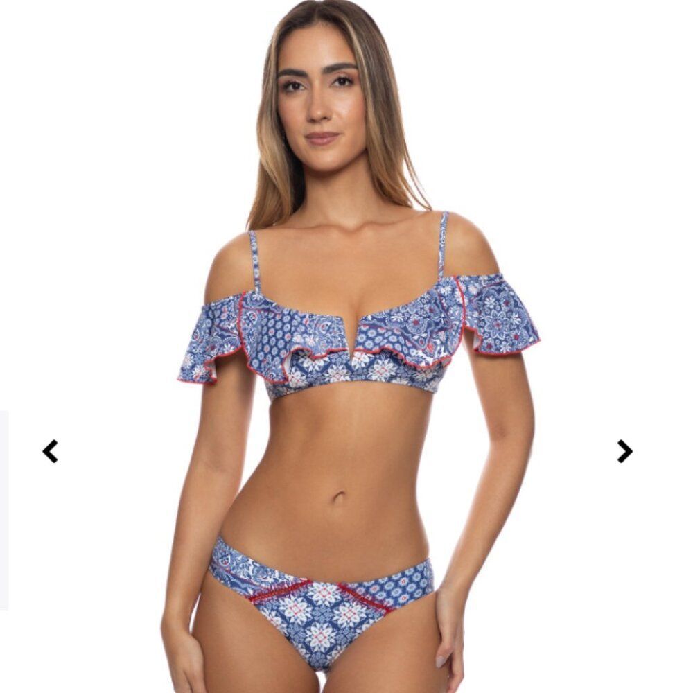 Luli fama Naughty Girl Bikini V Ruffle Top and Full Bottom size L Blue/White/Red